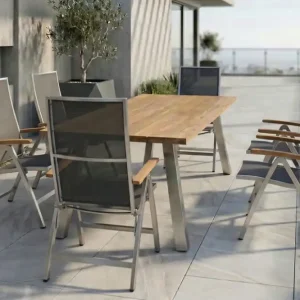 Preisknaller STERN Cardiff Garten-Essgruppe, silber/silbergrau, Edelstahl/recyceltes Teak, Tisch A-Gestell 220 x 100 cm, 6 Klappstühle, FSC®-zertifiziertes Produkt
