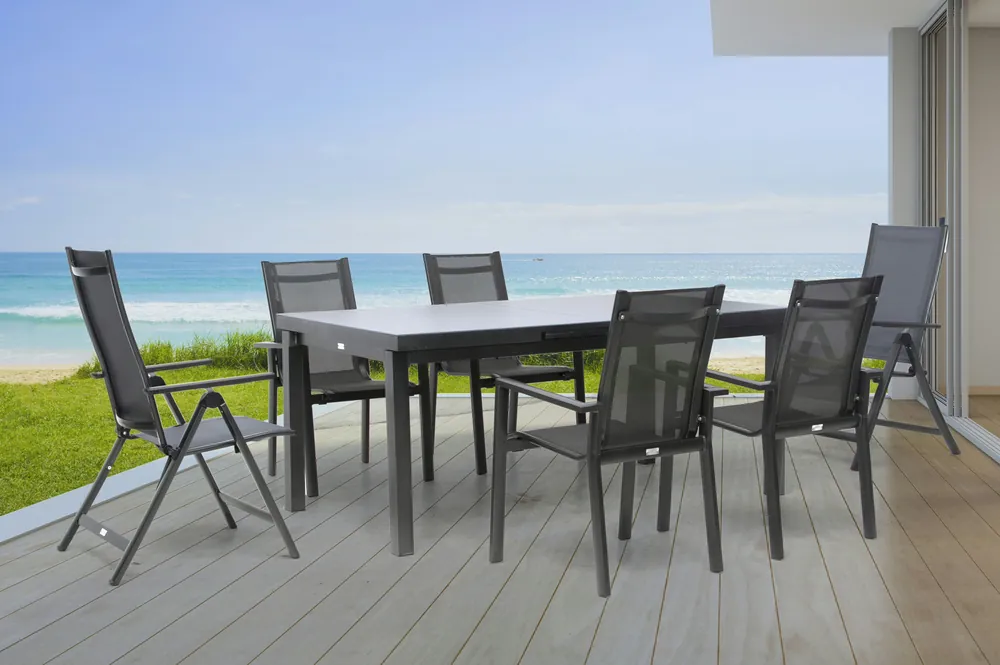 Aktuell OUTFLEXX Premium Garten-Essgruppe, anthrazit/grau, Alu/Textilene, Ausziehtisch 180/240x100cm, 4 Stapel-, 2 Klappstühle