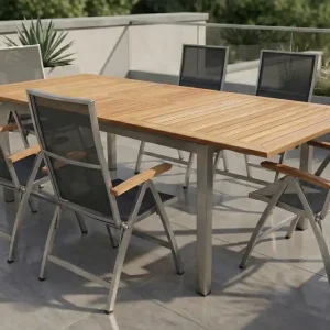 Saisonangebot STERN Cardiff Garten-Essgruppe, silber/silbergrau, Edelstahl/Teak, Tisch 180/240 x 100 cm, 6 Klappstühle, FSC®-zertifiziertes Produkt