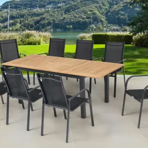 Abverkauf OUTFLEXX Garten-Essgruppe, OUTFLEXX® anthrazit matt, Alu / Teak / Textil, Tisch 150/210x90cm, 8 Sessel, stapelbar