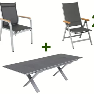 Bestpreis KETTLER Granada Garten-Essgruppe, silber / anthrazit, Alu / Spraystone / Teak, Tisch 180/280 x 100 cm, 6 Stapelsessel, 2 Klappstühle