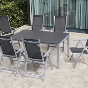Abverkauf OUTFLEXX Garten-Essgruppe, silber/anthrazit, Alu/Spraystone/Textilen, 160x95 cm, 6 Klappstühle