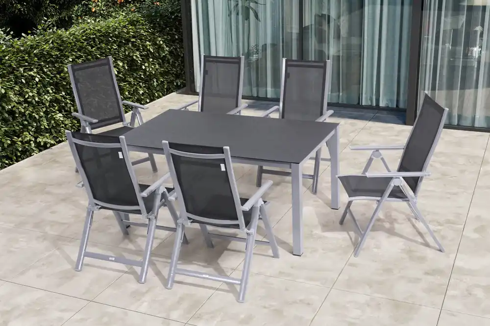 Abverkauf OUTFLEXX Garten-Essgruppe, silber/anthrazit, Alu/Spraystone/Textilen, 160x95 cm, 6 Klappstühle
