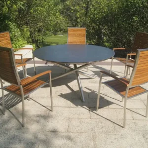 Aktuell OUTFLEXX Garten-Essgruppe, silber/natur, Edelstahl/Glaskeramik/Teakholz, Tisch Ø150cm, 5 Stühle, FSC®-zertifiziertes Produkt