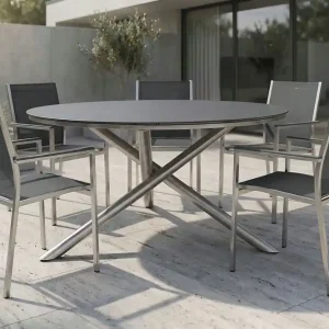 Nur Heute STERN Garten-Essgruppe, silber/grau, Edelstahl/Textil/Alu/Glaskeramik, Tisch Ø150cm, 5 Stapelsessel