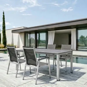 Bestseller KETTLER Cubic/ Basic Plus Padded Garten-Essgruppe, silber/anthrazit, Alu/Textilene, Tisch 160x90 cm, 4 Stapelsessel
