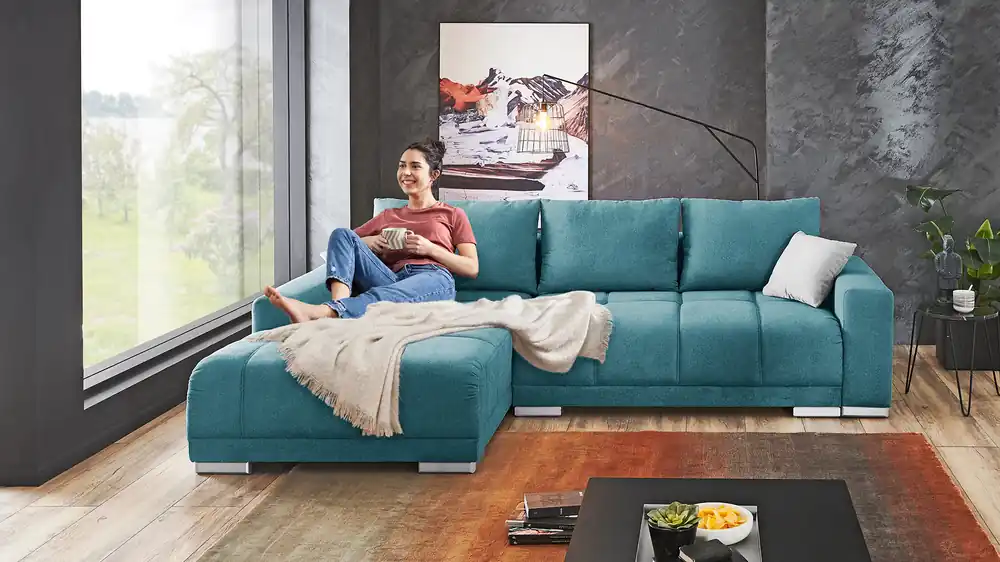 Abverkauf Ecksofa Carine mit Schlaffunktion und Bettkasten in Stoff