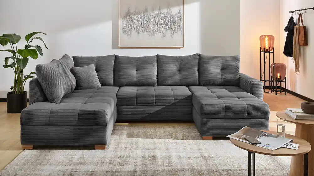 Begrenztes Angebot Wohnlandschaft Abby mit Schlaffunktion und Bettkasten in trendigen Cord
