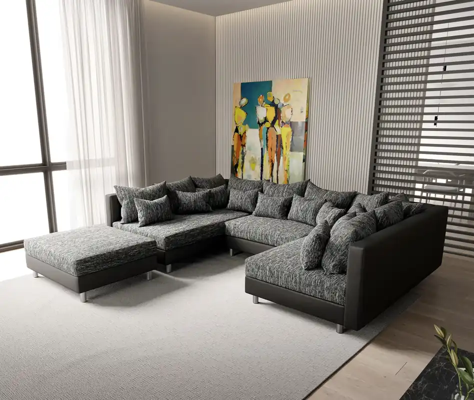 Wohnlandschaft Clovis Schwarz Modulsofa mit Hocker Heißes Angebot