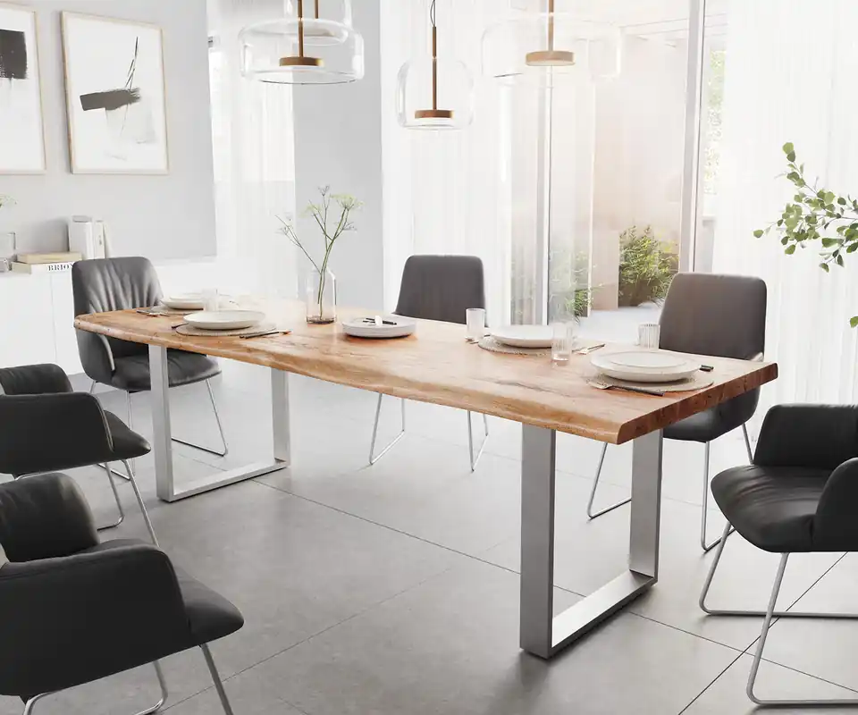 Esstisch Edge 260x100 XL Akazie Natur Edelstahl Schmal Live- Sonderaktion