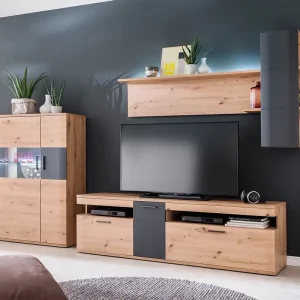 Echt Highboard Farum 90 x 130 cm Eiche Optik Glasvitrine 3 Türen
