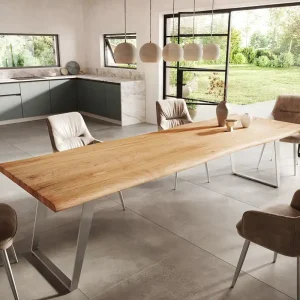 Aktuell Esstisch Edge 300x100cm Akazie Natur Edelstahl Silber schräg Live-