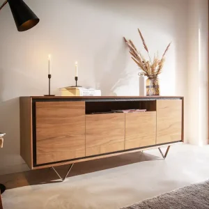 Abverkauf Sideboard Stonegrace 175 cm Akazie Natur 4 Türen 1 Fach Steinfurnier V-Fuß