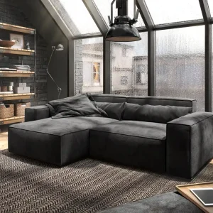 Bestpreis Ecksofa Sirpio 230x155 cm Mikrofaser Schwarz Recamiere variabel mit Hocker