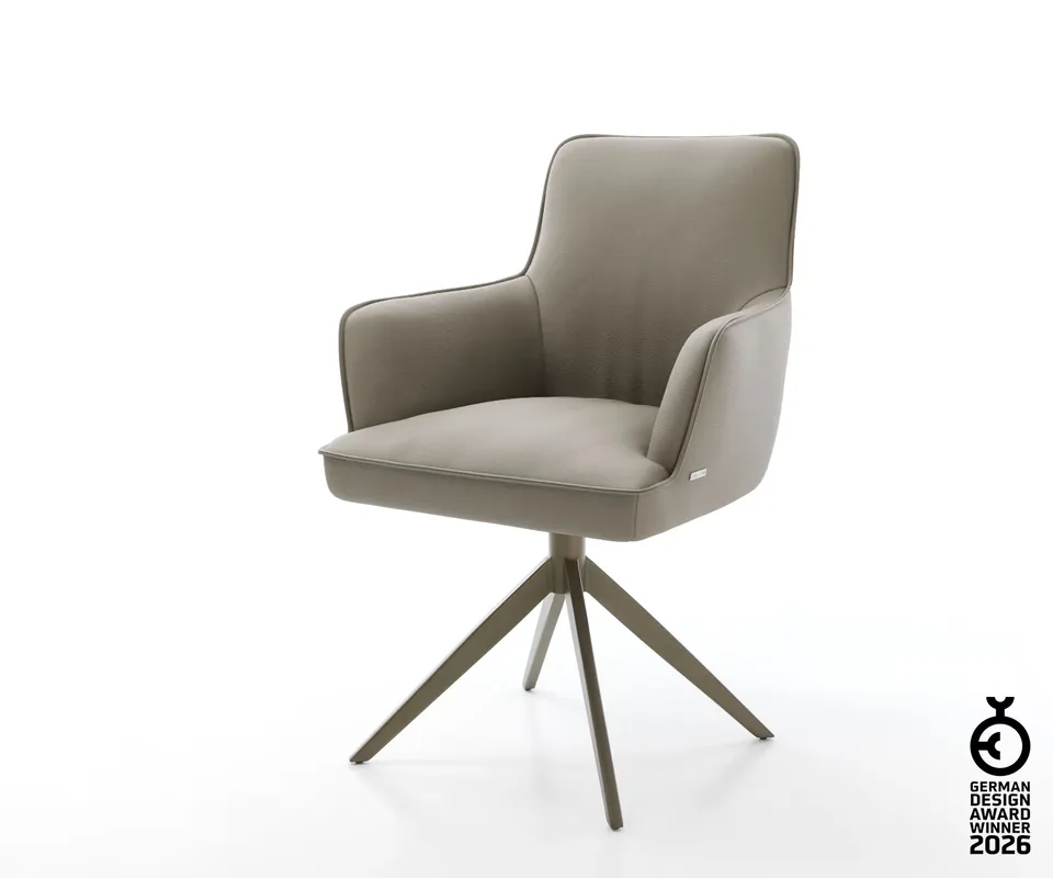 Drehstuhl Heira-Flex mit Armlehnen Echt-Leder Schlamm Kreuzgestell breit Effektfinish Titan 360° drehbar Wippfunktion Taschenfederkern Preiswert