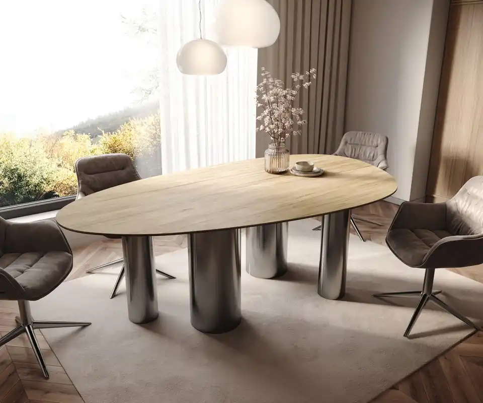 Esstisch Edge Oval 220x120 Keramik Laminam® Sabbia Eichefarbig Pilier Edelstahl Graphit Online Kaufen