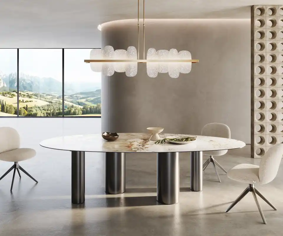 Solange Der Vorrat Reicht Esstisch Edge Oval 280x130 Keramik Minas Melange Weiß-Beige Pilier Edelstahl Graphit