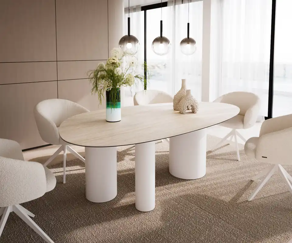 Abverkauf Esstisch Edge Oval 220x120 Keramik Laminam® Travertino Bianco Creme-Weiß Troa Metall Weiß