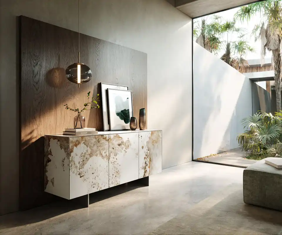Preisreduziert Sideboard Cuor 150 cm Keramik Minas Melange Weiß-Beige 3 Türen Fuß Schwebeoptik Edelstahl