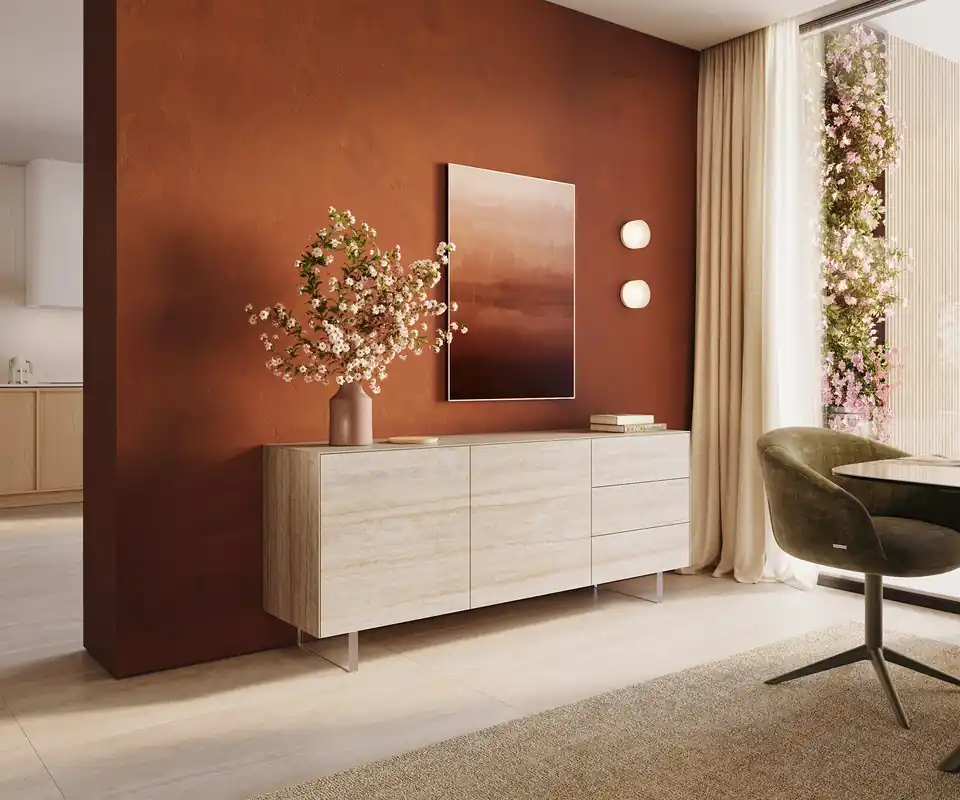 Sideboard Cuor 180 cm Keramik Laminam® Travertino Bianco Creme-Weiß 2 Türen 3 Schubfächer Fuß Schwebeoptik Acrylglas Garantierte Lieferung