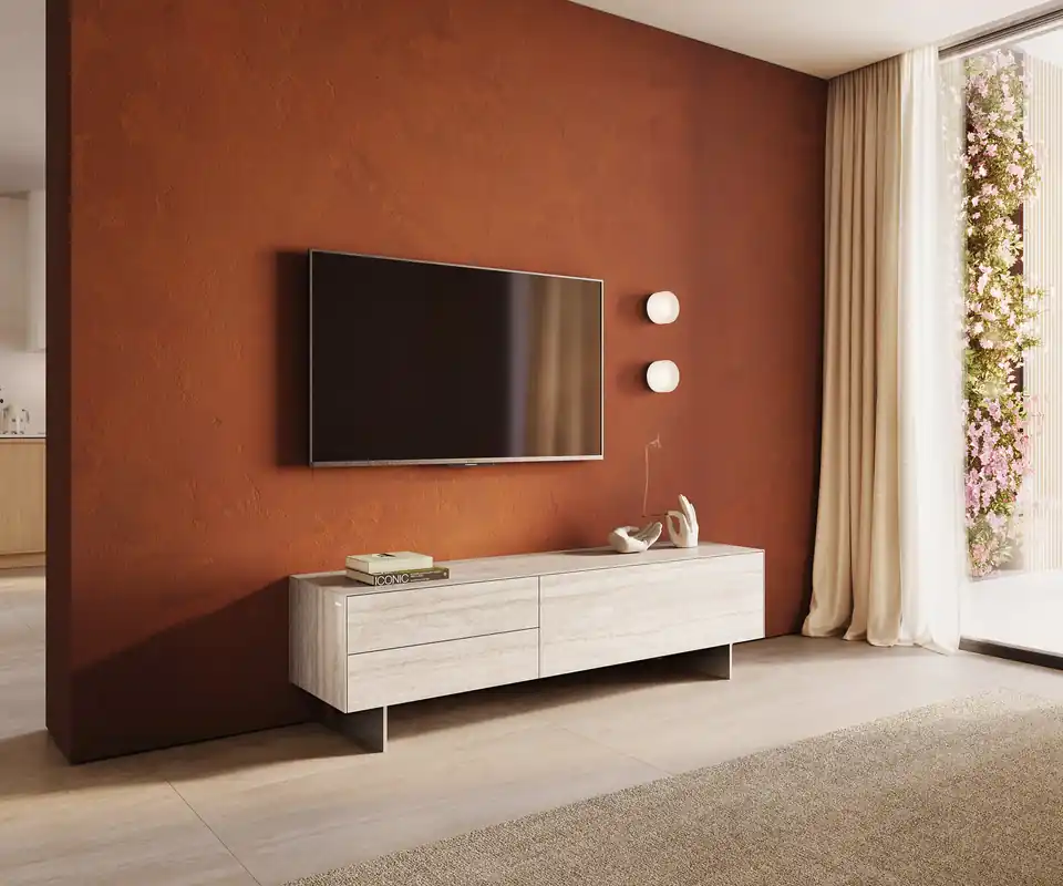 Lowboard Cuor 180 cm Keramik Laminam® Travertino Bianco Creme-Weiß 1 Klappe 2 Schubfächer Fuß Schwebeoptik Edelstahl Begrenztes Angebot