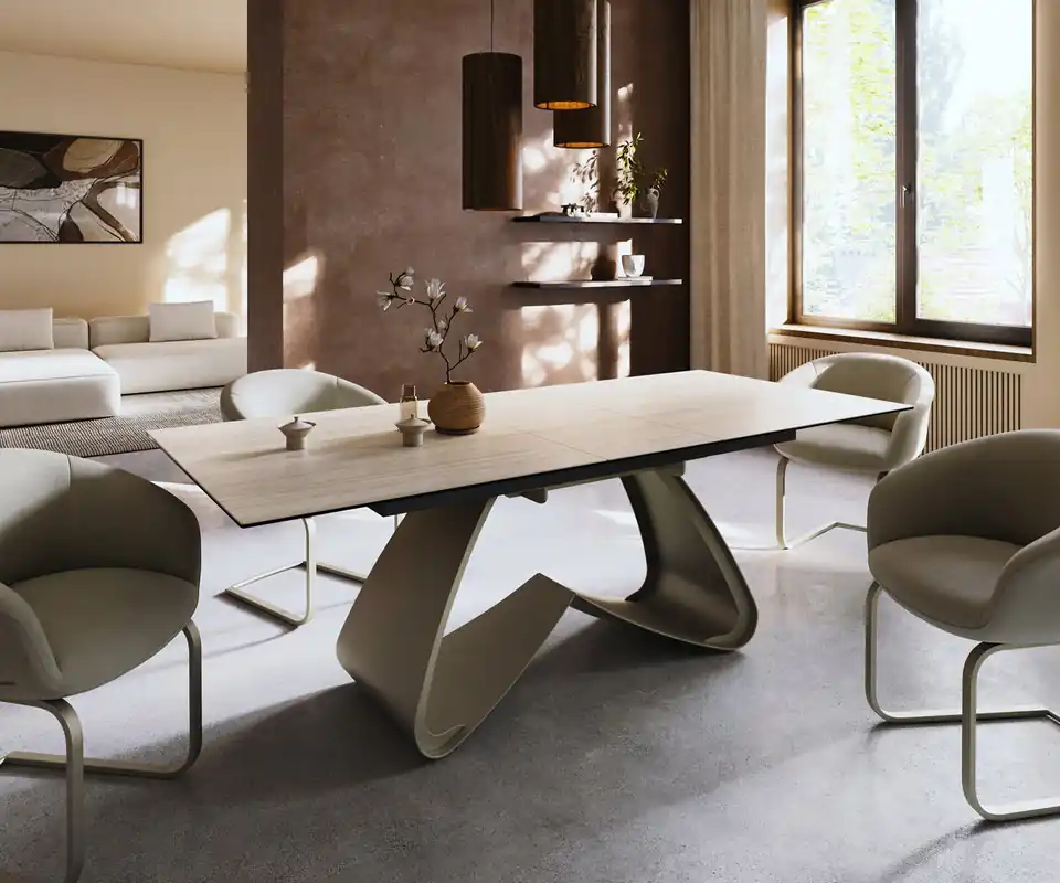 Esstisch Edge 180-220x100 Keramik Laminam® Travertino Bianco Creme-Weiß W-Gestell Effektfinish Titan ausziehbar Preis Gesenkt