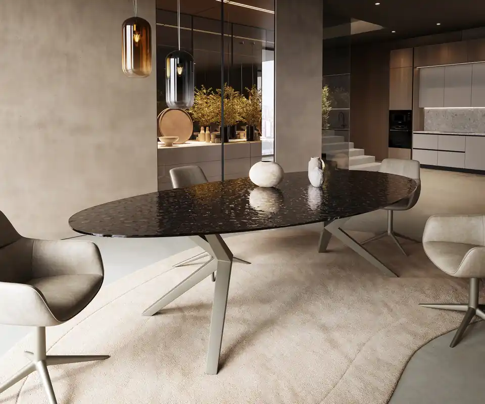 Schneller Versand Esstisch Edge Oval 280x130 Reliefglas Rauchschwarz 3D-Design Zenthara kantig Metall Effektfinish Titan