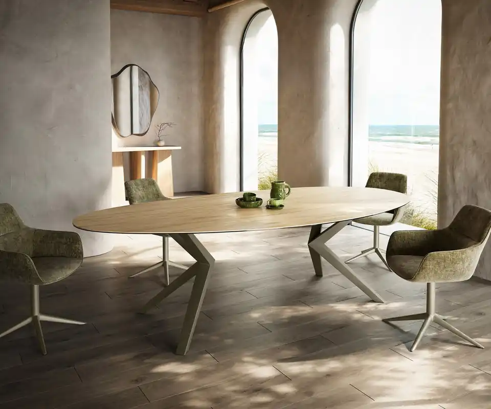 Esstisch Edge Oval 280x130 Keramik Laminam® Sabbia Eichefarbig Zenthara kantig Metall Effektfinish Titan Knallerangebot