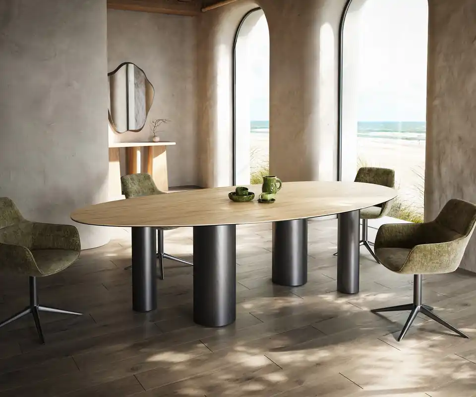 Aktuell Esstisch Edge Oval 280x130 Keramik Laminam® Sabbia Eichefarbig Pilier Edelstahl Graphit