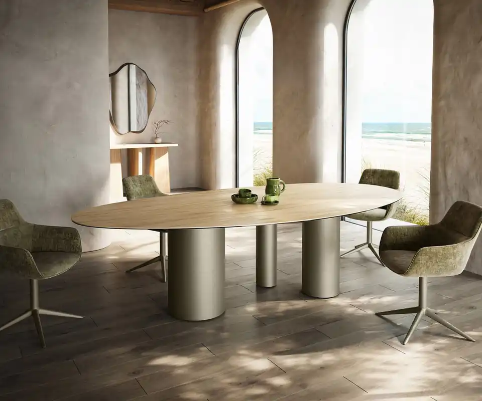 Esstisch Edge Oval 280x130 Keramik Laminam® Sabbia Eichefarbig Troa Metall Effektfinish Titan Top-Angebot