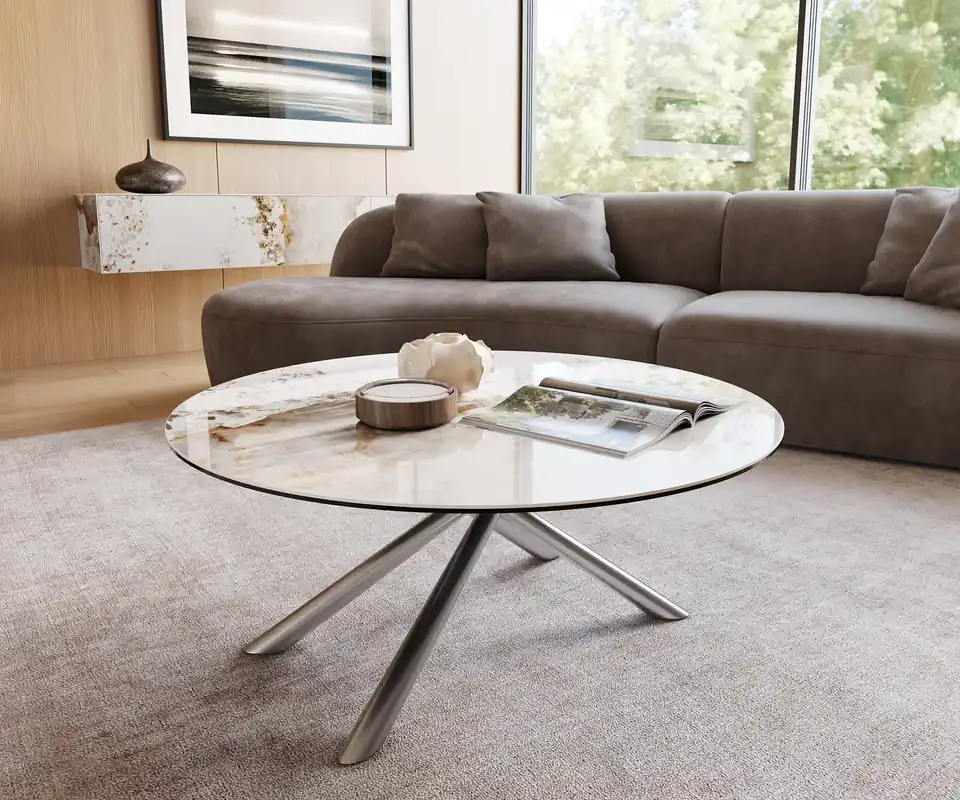 Jetzt Bestellen Couchtisch Edge Rund 100x100 cm Keramik Minas Melange Sarity Edelstahl gebürstet