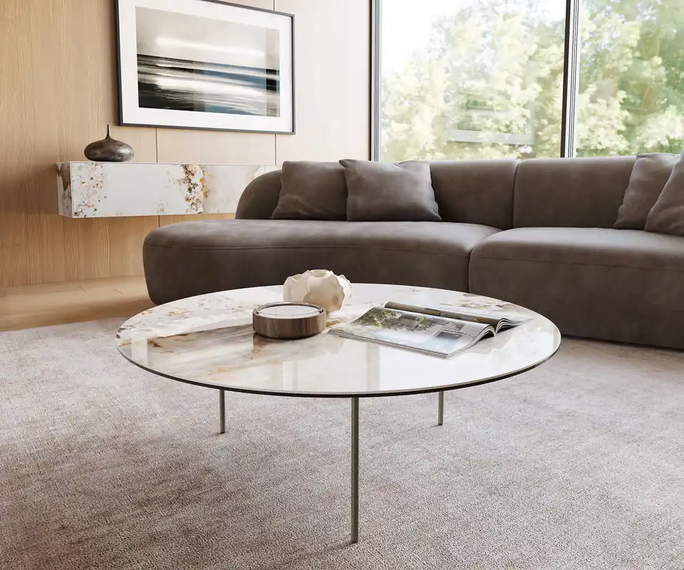 Couchtisch Edge Rund 100x100 cm Keramik Minas Melange Trive Metall Effektfinish Titan Zertifiziert