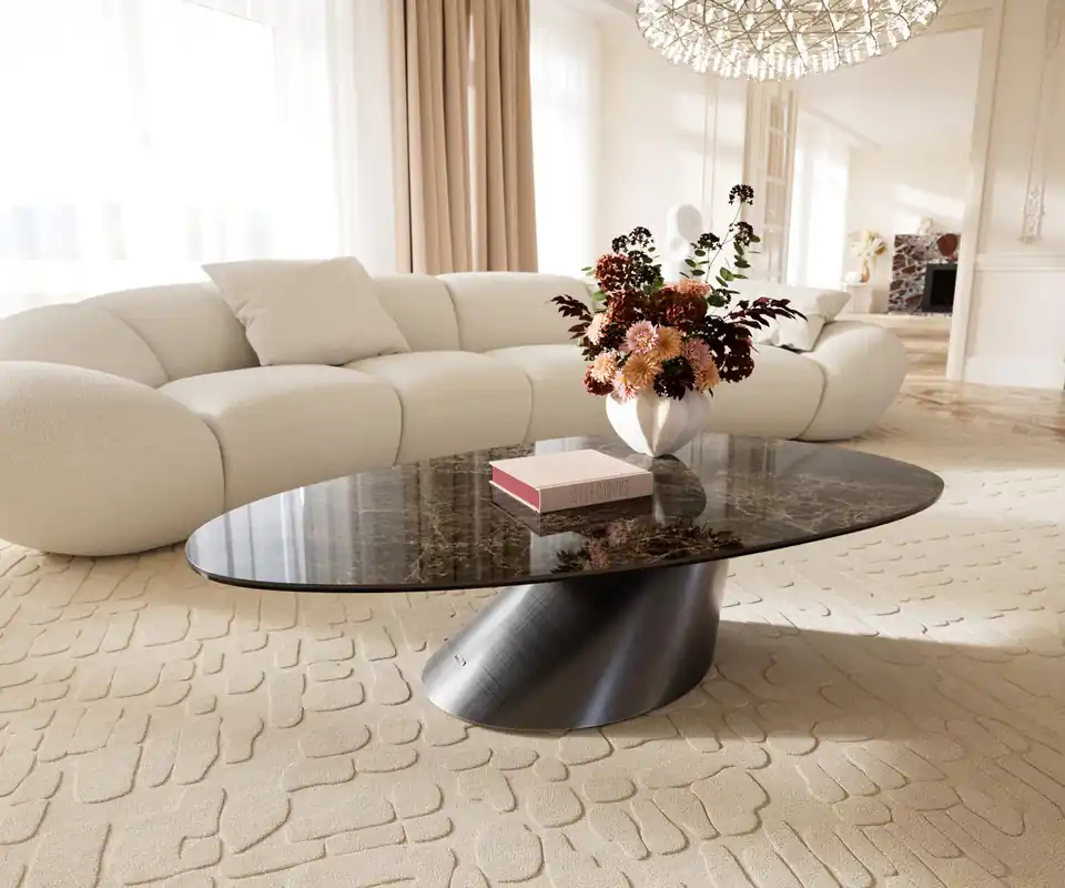 Begrenztes Angebot Couchtisch Edge Oval 140x75 cm Keramik Emperador Extra Lucidato Dunkelbraun Conis Metallic Silber