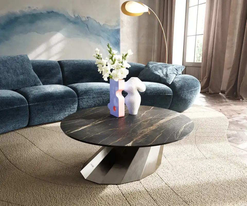 Couchtisch Edge Rund 90x90 cm Keramik Laminam® Noir Desir Braun Parabi Edelstahl gebürstet Top-Angebot