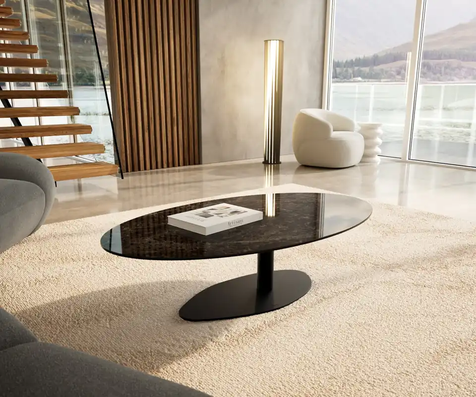 Couchtisch Edge Oval 140x80 cm Keramik Emperador Extra Lucidato Dunkelbraun Vibany Metall Schwarz Sonderangebot