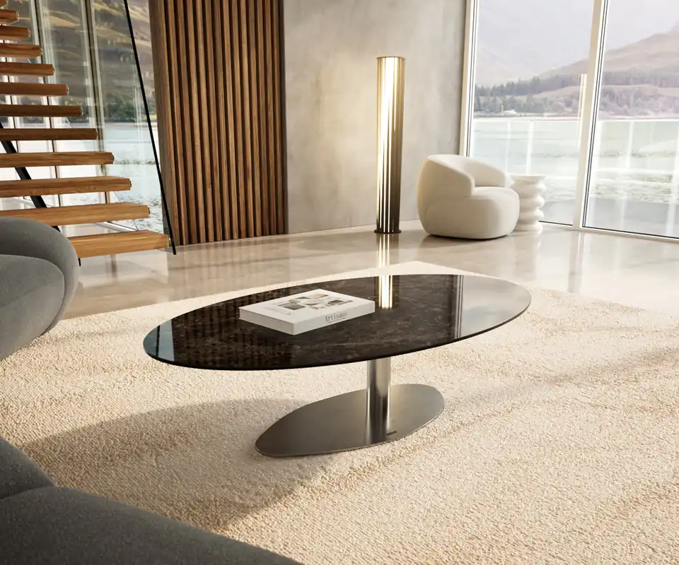 Neue Kollektion Couchtisch Edge Oval 140x80 cm Keramik Emperador Extra Lucidato Dunkelbraun Vibany Edelstahl gebürstet
