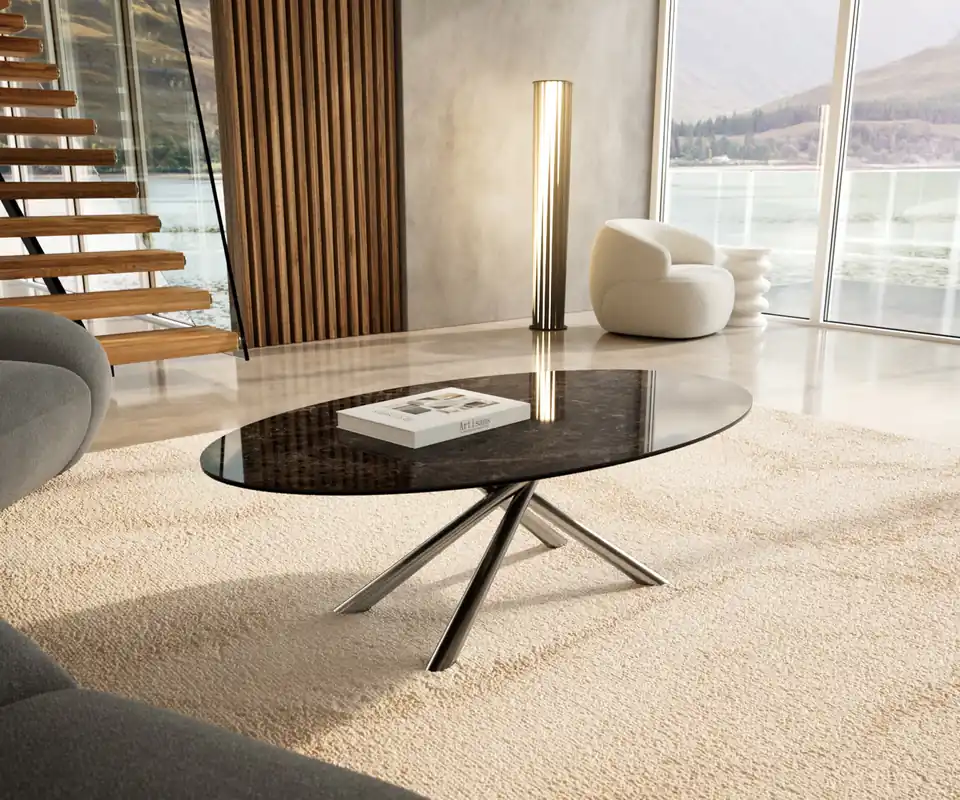 Couchtisch Edge Oval 140x80 cm Keramik Emperador Extra Lucidato Dunkelbraun Sarity Edelstahl gebürstet Aktuell