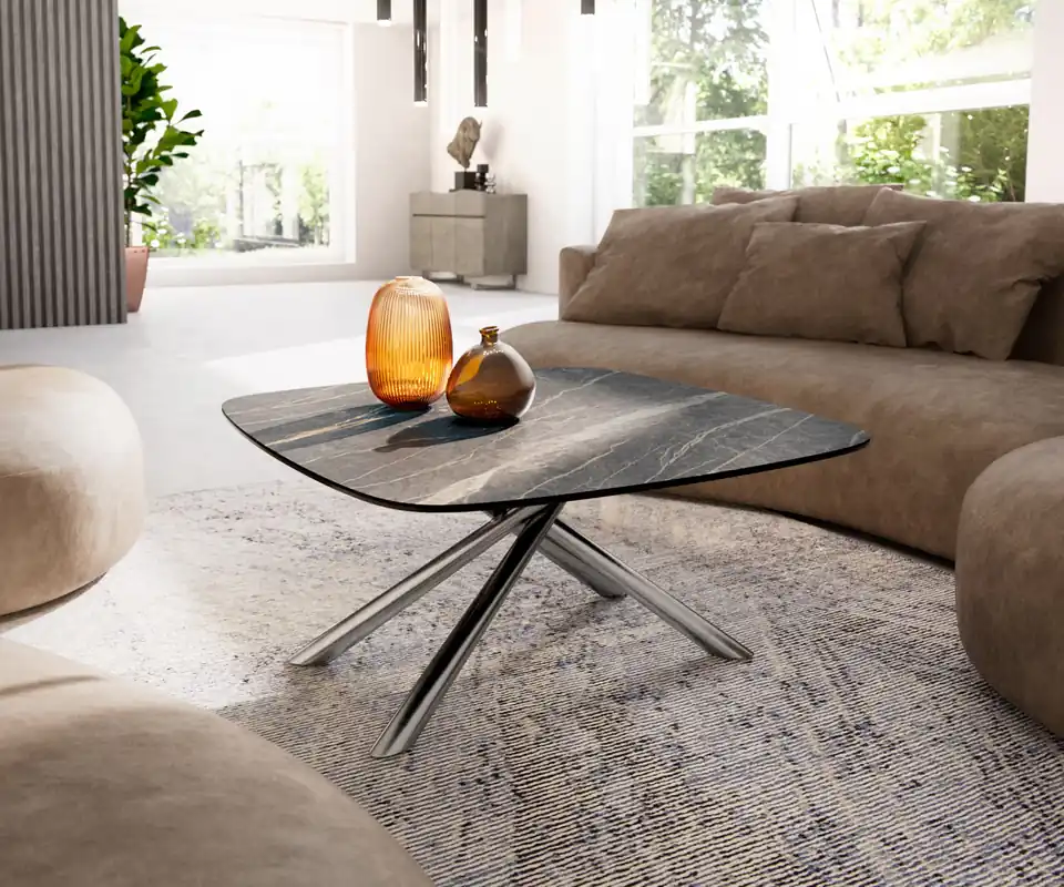 Ausverkauf Couchtisch Edge Boot 90x90 cm Keramik Laminam® Noir Desir Braun Sarity Edelstahl gebürstet