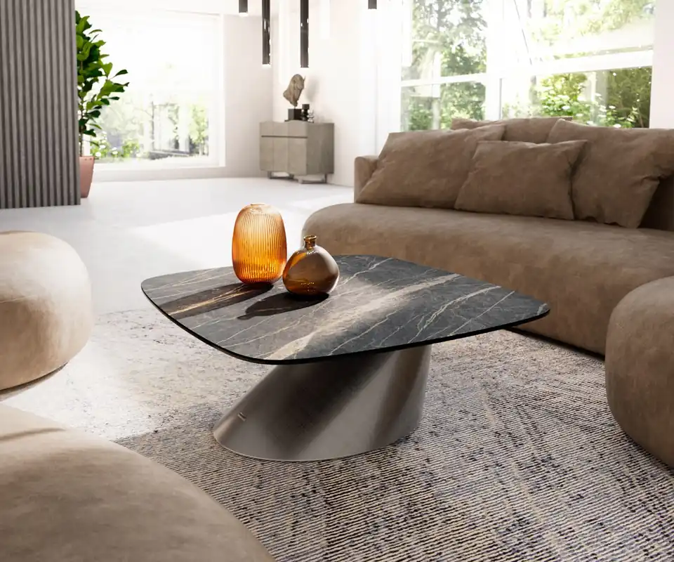 Couchtisch Edge Boot 90x90 cm Keramik Laminam® Noir Desir Braun Conis Metallic Silber Preisknaller
