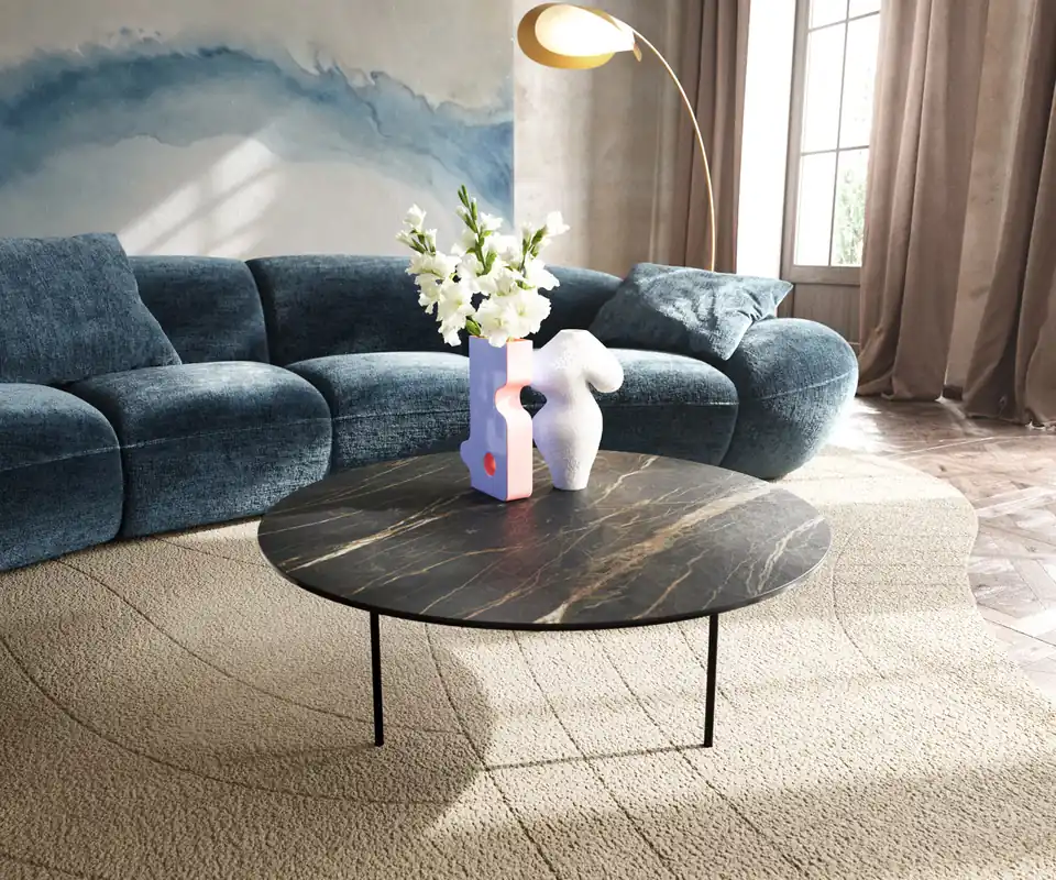 Saisonangebot Couchtisch Edge Rund 90x90 cm Keramik Laminam® Noir Desir Braun Trive Metall Schwarz