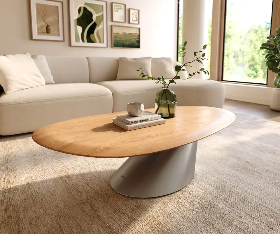 Neu Im Sortiment Couchtisch Edge Oval 140x75 cm Eiche Natur Runde Kante Conis Edelstahl gebürstet