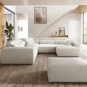 Ausverkauf Wohnlandschaft Sirpio 300x210 cm Bouclé Creme-Weiß Recamiere variabel mit Hocker