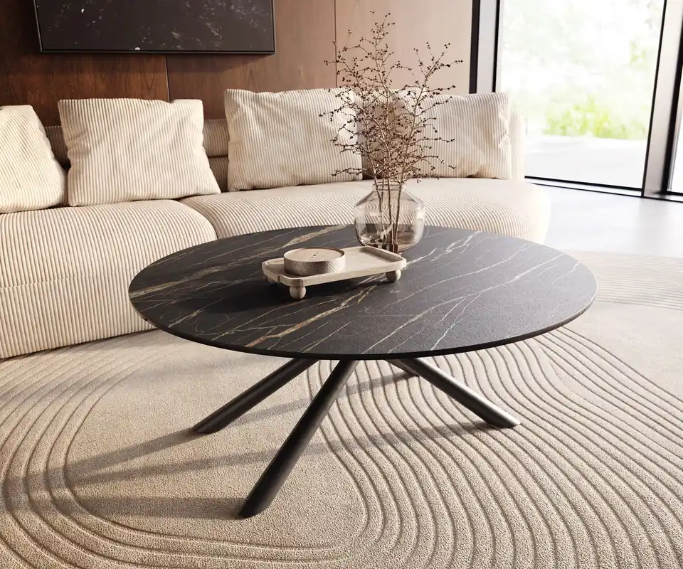 Couchtisch Edge Rund 100x100 cm Keramik Laminam® Noir Desir Braun Sarity Metall Schwarz Geprüft