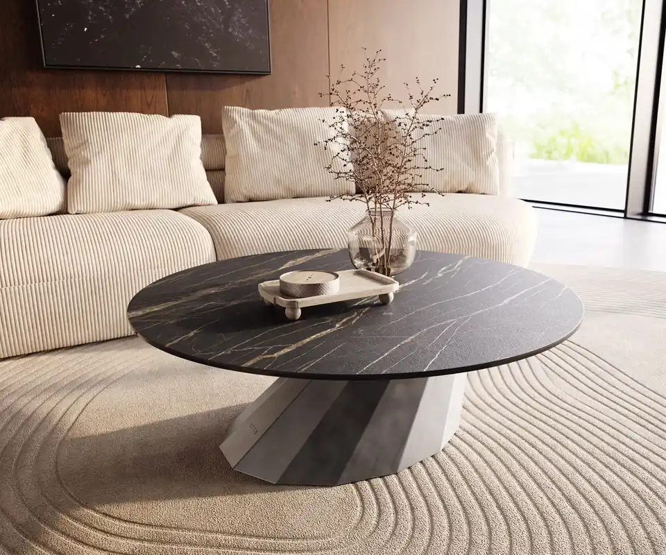 Direktkauf Couchtisch Edge Rund 100x100 cm Keramik Laminam® Noir Desir Braun Parabi Metallic Silber