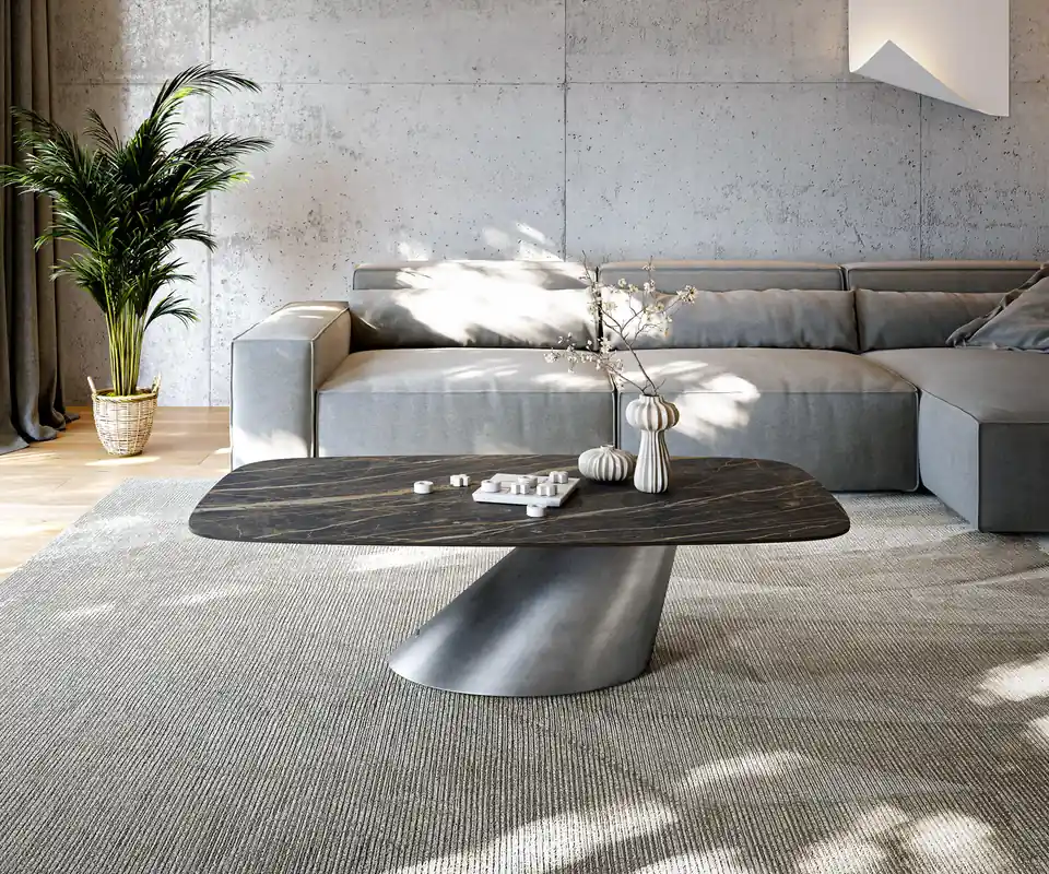Couchtisch Edge Boot 140x80 cm Keramik Laminam® Noir Desir Braun Conis Metallic Silber Mega-Angebot