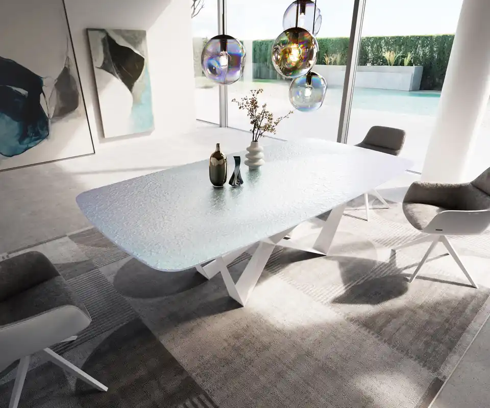 Echt Esstisch Edge Boot 240x120 cm Reliefglas Perlmutt 3D-Design Spider Metall Weiß