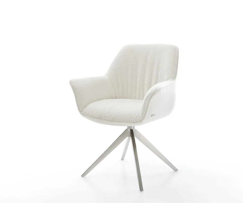 Bestpreis Drehstuhl Keila-Flex mit Armlehnen Bouclé Soft Beige Kreuzgestell breit Edelstahl 360° drehbar Wippfunktion