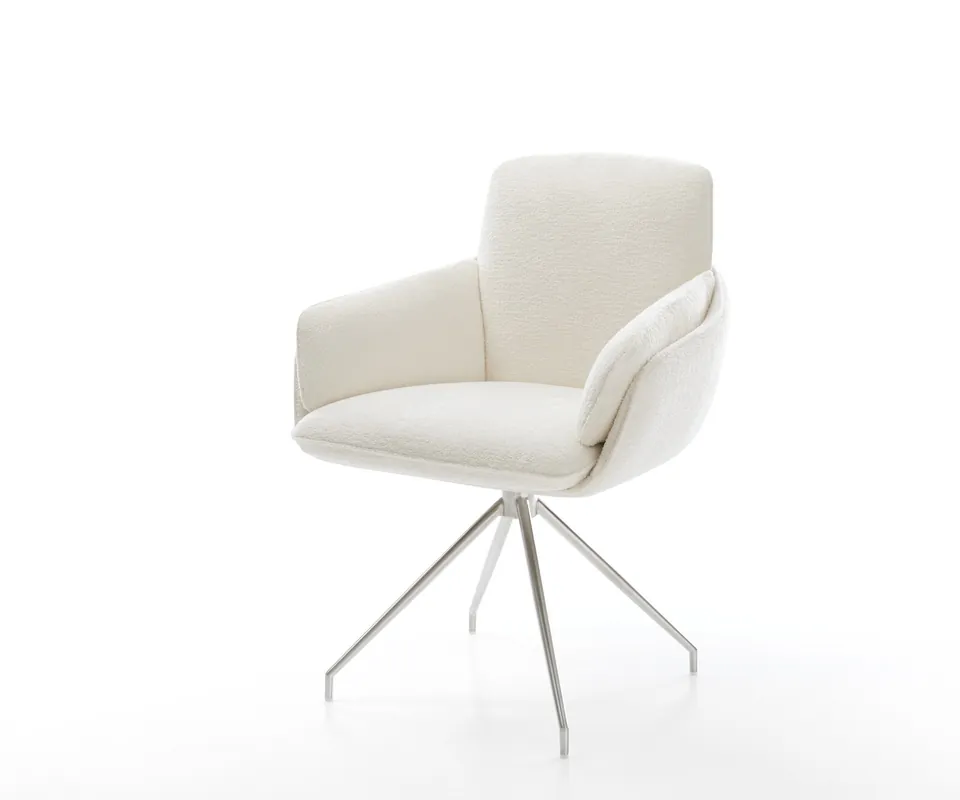 Esszimmerstuhl Luan-Flex mit Armlehnen Bouclé Soft Beige Kreuzgestell konisch Edelstahl Beliebt