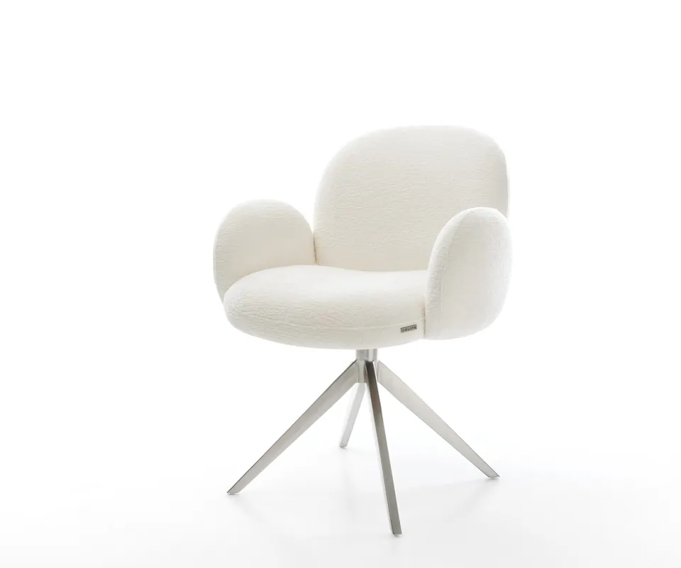 Preisknaller Drehstuhl Nube-Flex mit Armlehnen Bouclé Soft Beige Kreuzgestell breit Edelstahl 360° drehbar Taschenfederkern